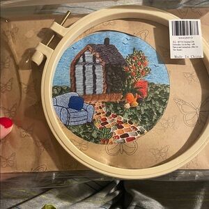 Source Unknown Embroidered Cottage Scene with Blue and Green